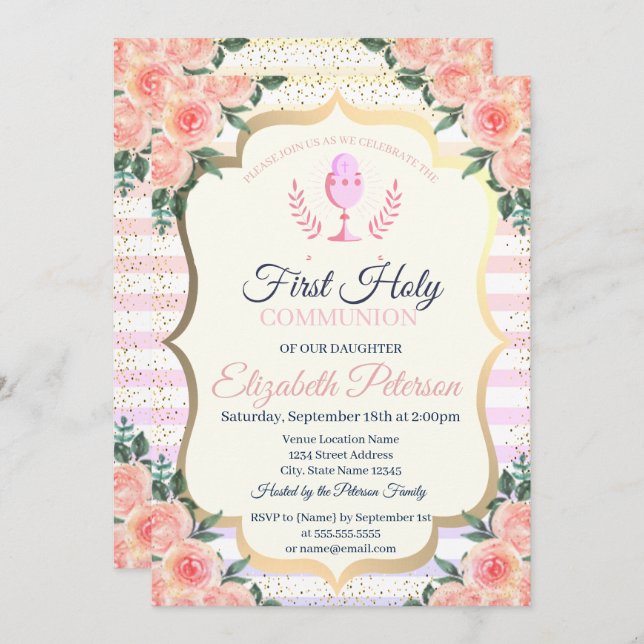 Floral Stripes Confetti First Holy Communion Invitation (Front/Back)