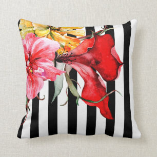 Floral Stripes - Flora Botanica   black and white Cushion