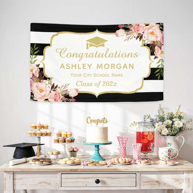 Floral Stripes Glam Congrats Grad Graduation Party Banner (Creator Uploaded)