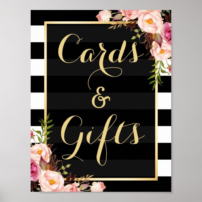 Floral Stripes Gold | Cards and Gifts Wedding Sign (Front)