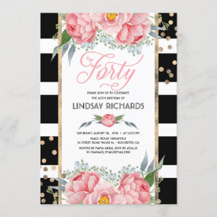 Floral Stripes Modern Gold Decor 40 Birthday Party Invitation