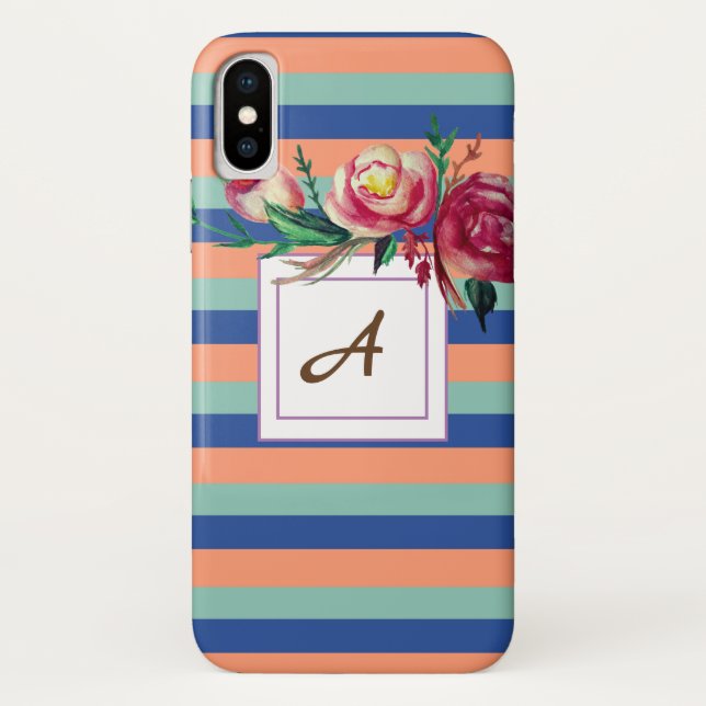 Floral Stripes  Monogram iPhone Case (Back)
