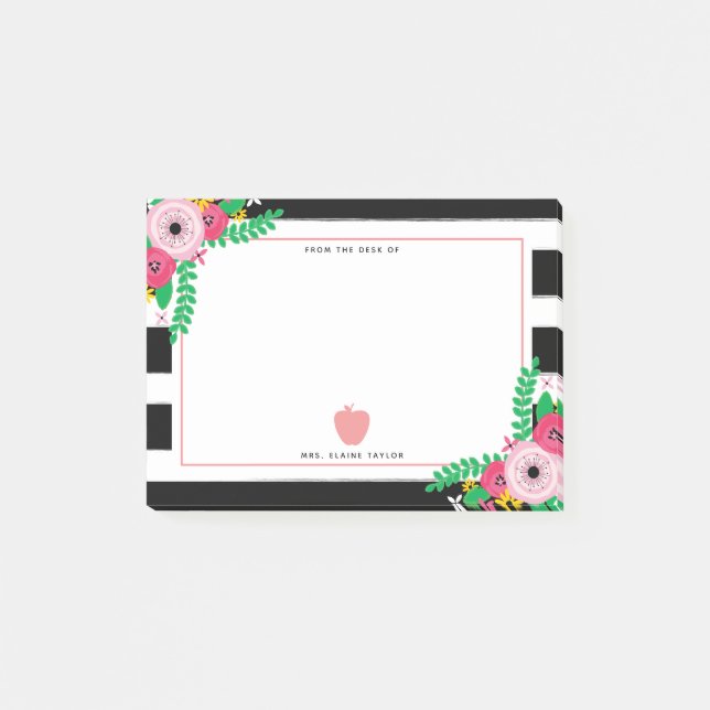 Floral Stripes Pink Apple Teacher Post-it Notes (Front)