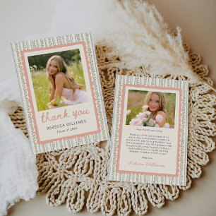 Floral Stripes Vintage Retro Graduation Photo Thank You Card