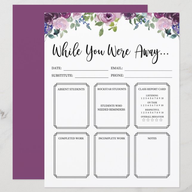 Floral Substitute Teacher While You Were Away Note (Front/Back)