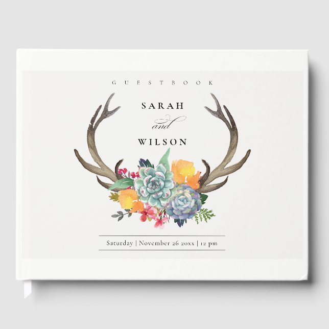 FLORAL SUCCULENT ANTLER BOHEMIAN ALLURE MONOGRAM GUEST BOOK (Front)