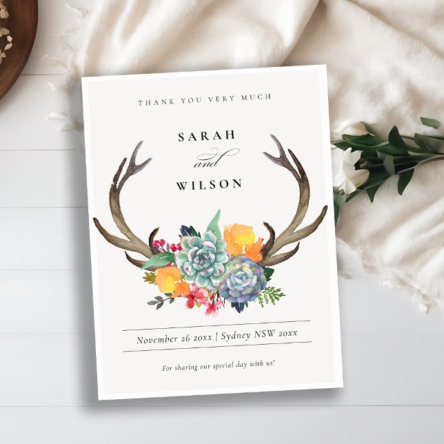FLORAL SUCCULENT ANTLER BOHEMIAN ALLURE THANK YOU POSTCARD (Creator Uploaded)