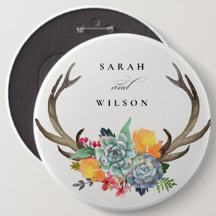 FLORAL SUCCULENT ANTLER BOHEMIAN ALLURE WEDDING 6 CM ROUND BADGE