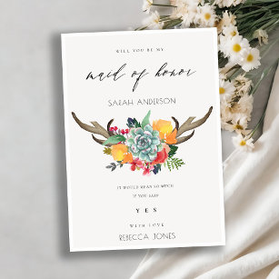 FLORAL SUCCULENT ANTLER BOHEMIAN MAID OF HONOR INVITATION