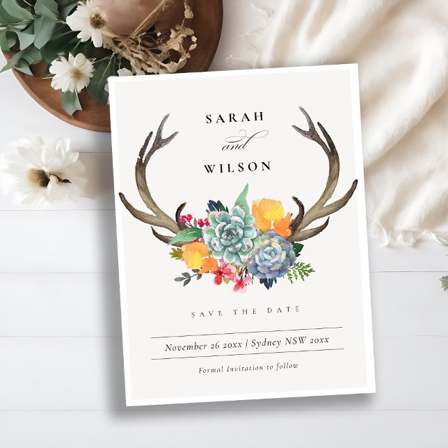 FLORAL SUCCULENT ANTLER BOHEMIAN SAVE THE DATE ANNOUNCEMENT POSTCARD (Creator Uploaded)