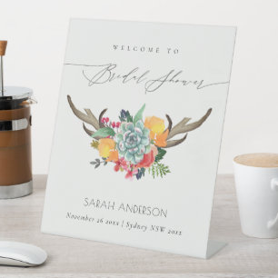 Floral Succulent Antler Boho Welcome Bridal Shower Pedestal Sign