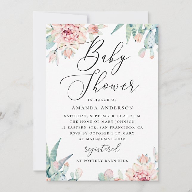 Floral Succulent Baby Shower | Elegant Boho Cactus Invitation (Front)