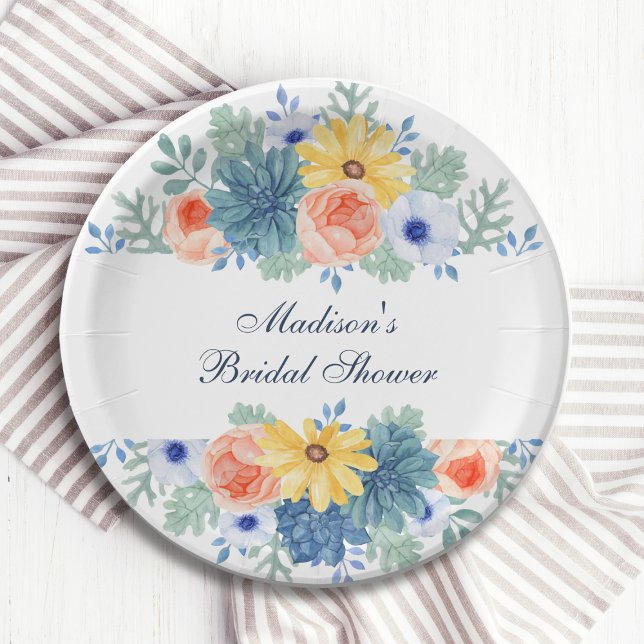 Floral Succulent Macaron Bridal Shower Paper Plate (Creator Uploaded)