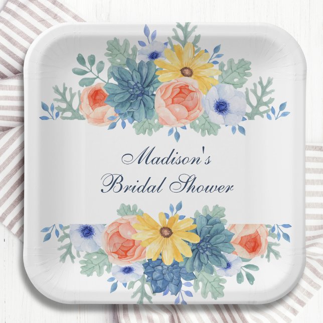 Floral Succulent Macaron Bridal Shower Paper Plate (Creator Uploaded)