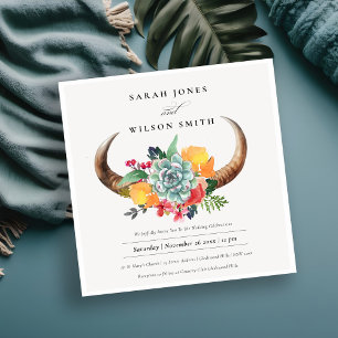 Floral Succulent Steer Horns Boho Allure Wedding Invitation