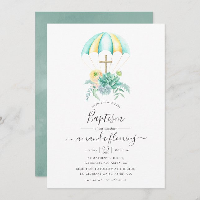 Floral Succulents Bouquet Parachute Baptism Invitation (Front/Back)