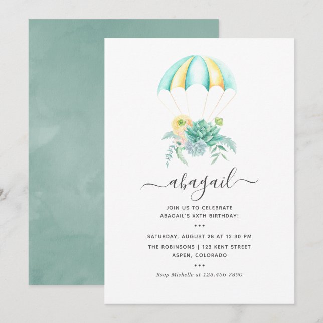 Floral Succulents Bouquet Parachute Birthday Invitation (Front/Back)