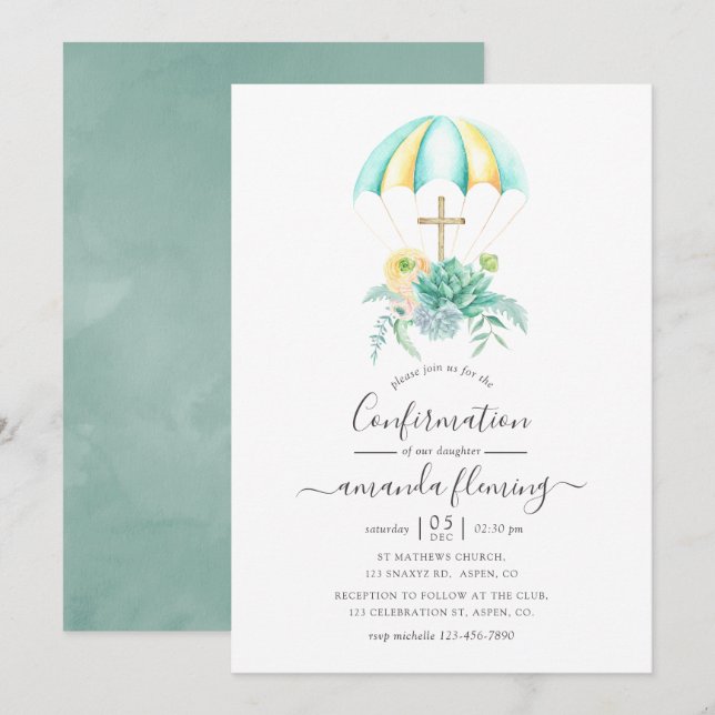 Floral Succulents Bouquet Parachute Confirmation Invitation (Front/Back)