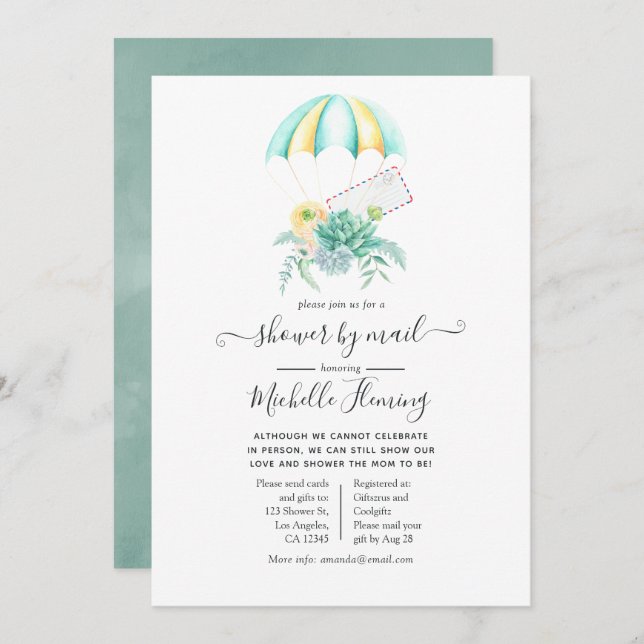 Floral Succulents Parachute Baby Shower by Mail Invitation (Front/Back)
