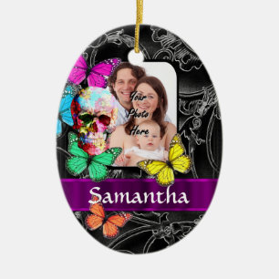 Floral sugar skull and butterflies ceramic ornament