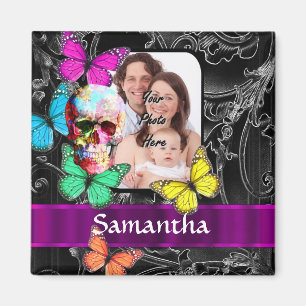 Floral sugar skull and butterflies magnet
