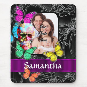 Floral sugar skull and butterflies mouse pad