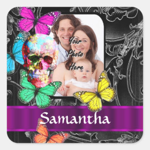 Floral sugar skull and butterflies square sticker