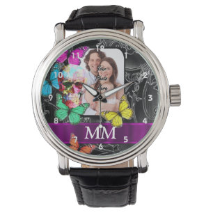 Floral sugar skull, butterflies and monogram watch