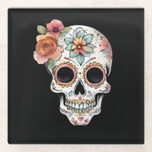 Floral Sugar Skull Celebration Glass Coaster