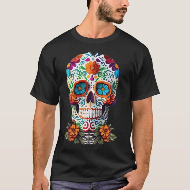 Floral Sugar Skull Day Of Dead Dia De Los Muertos  T-Shirt (Front)