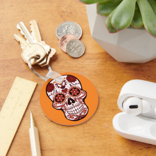 Floral Sugar Skull Day of the Dead Art Orange Key Ring