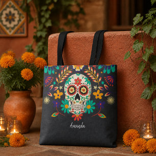 Floral Sugar Skull Day of the Dead Black Tote Bag