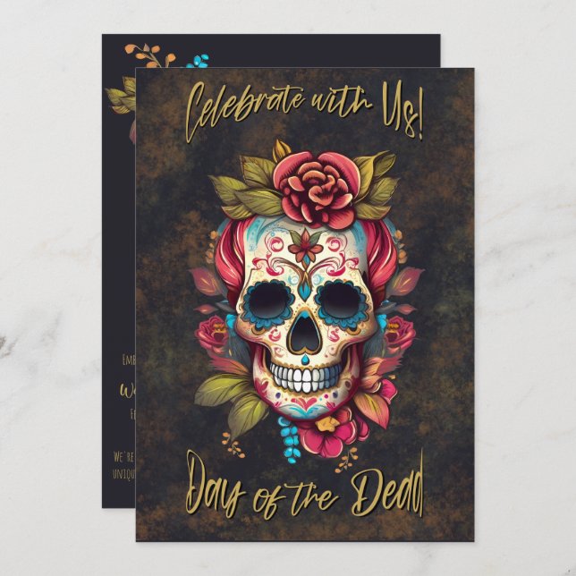 Floral Sugar Skull Day of the Dead English Invitation (Front/Back)