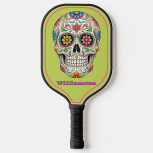 Floral Sugar Skull Day of the Dead, Green Pickleball Paddle
