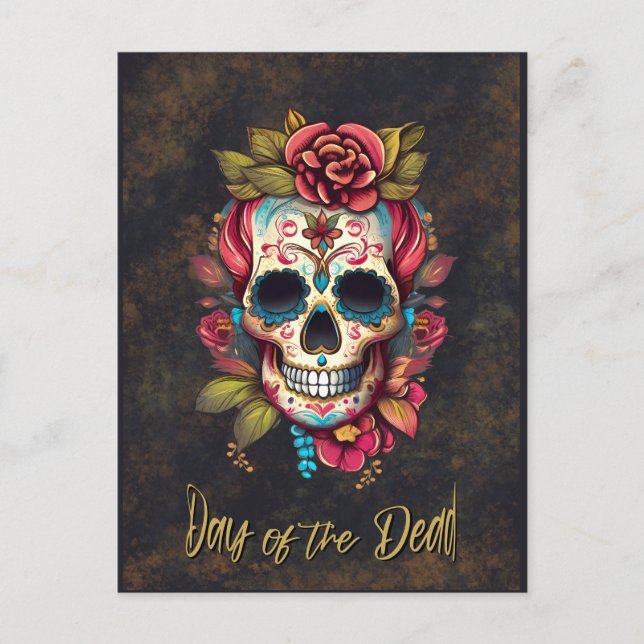 Floral Sugar Skull Día de los Muertos english  Postcard (Front)