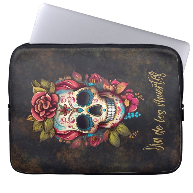Floral Sugar Skull Día de los Muertos Spanish Laptop Sleeve (Front)