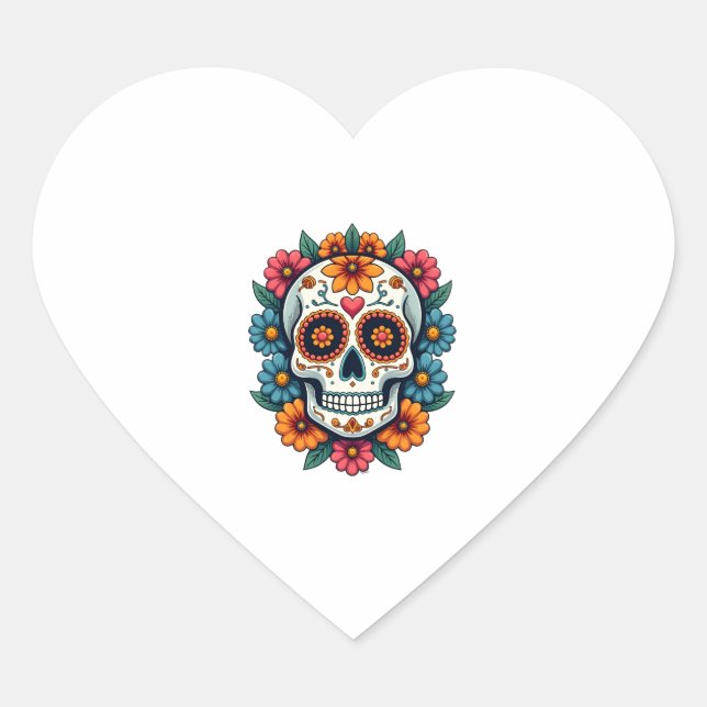 Floral Sugar Skull Dia De Muertos Day of The Dead  Heart Sticker (Front)