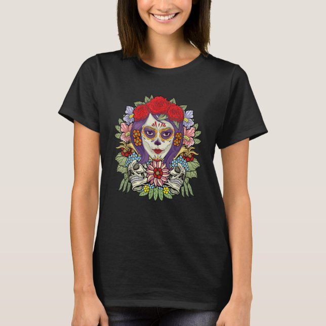 Floral Sugar Skull Dia De Muertos Women T-Shirt (Front)