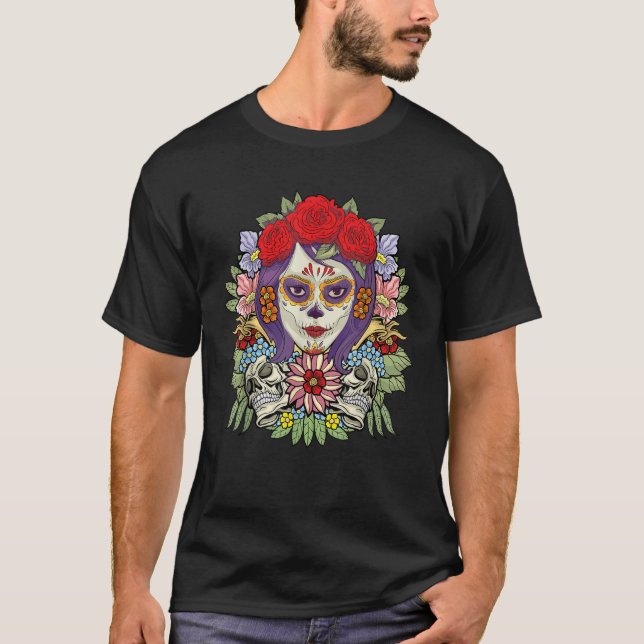 Floral Sugar Skull Dia De Muertos Women T-Shirt (Front)
