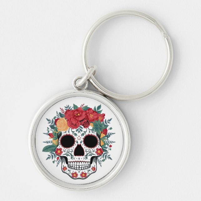 Floral Sugar Skull Key Ring (Front)