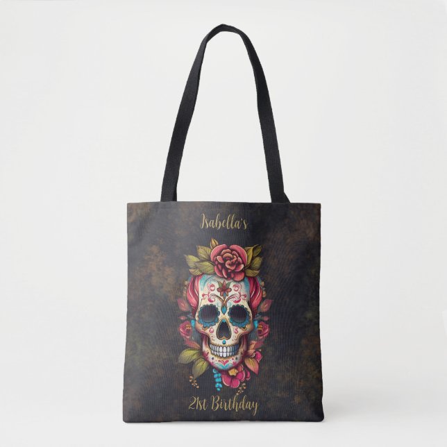Floral Sugar Skull Milestone Birthday Tote Bag (Front)