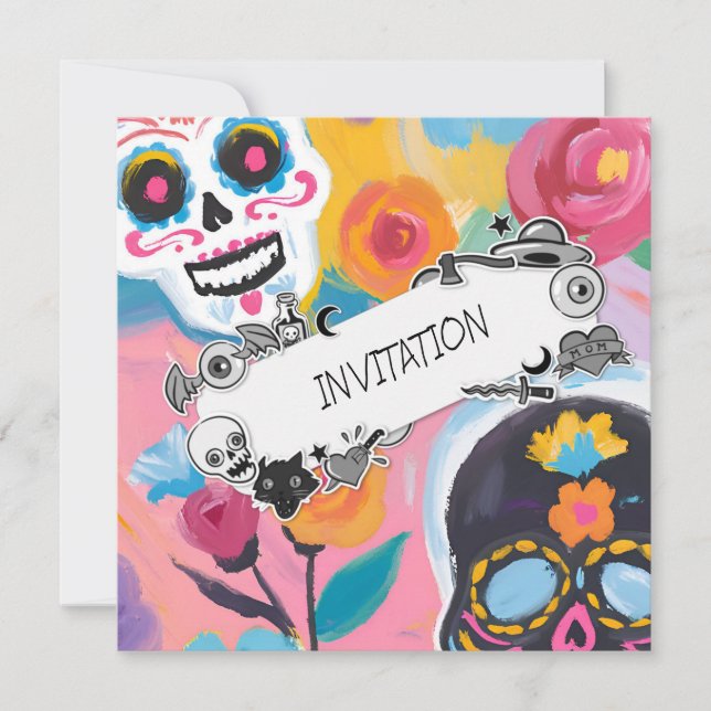Floral Sugar Skull Painting Invitation (Front)