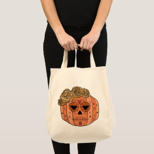 Floral Sugar Skull Pumpkin Face Tote Bag