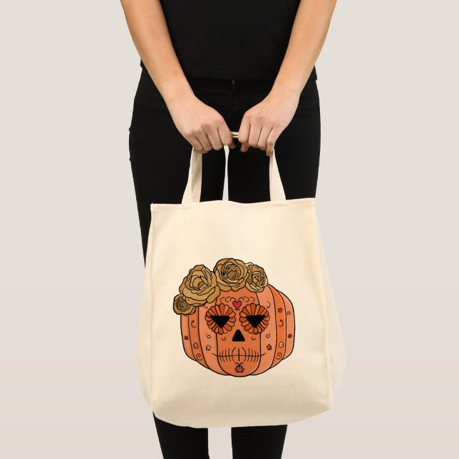 Floral Sugar Skull Pumpkin Face Tote Bag (Front (Product))