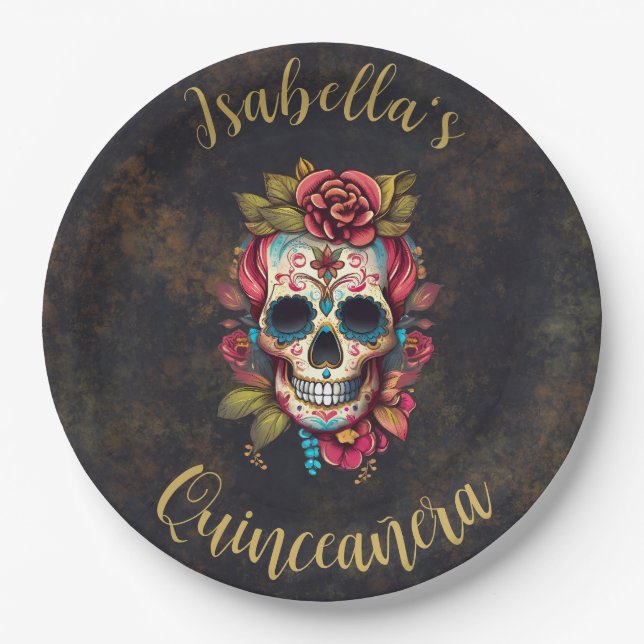 Floral Sugar Skull Quinceanera Birthday Paper Plate (Front)