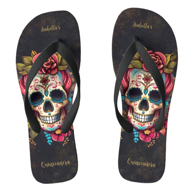 Floral Sugar Skull Quinceanera Birthday Thongs (Footbed)