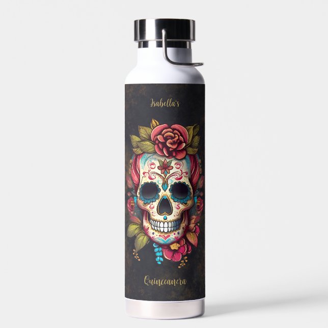Floral Sugar Skull Quinceanera Birthday Water Bottle (Left)