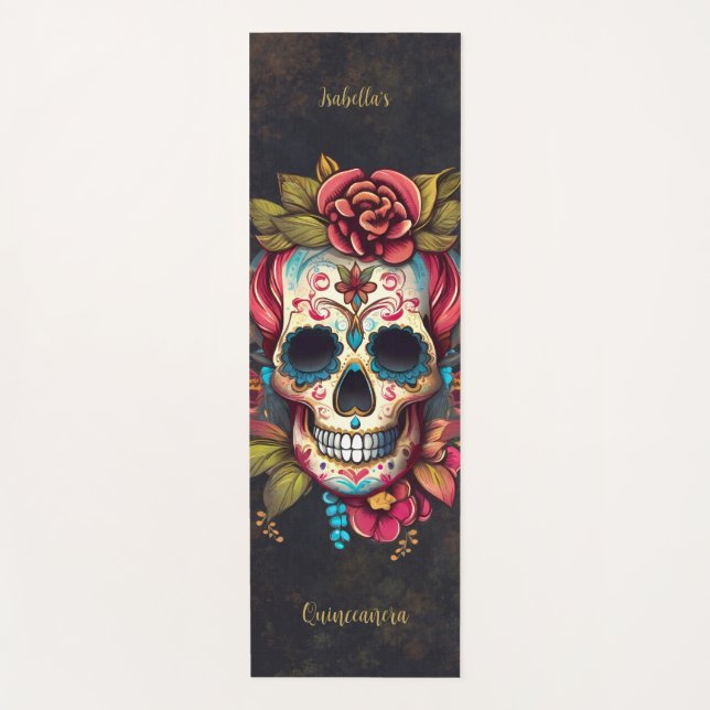 Floral Sugar Skull Quinceanera Birthday Yoga Mat (Front)