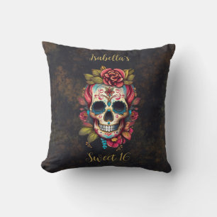 Floral Sugar Skull Sweet 16 Birthday Cushion