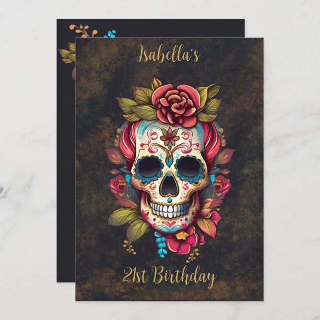 Floral Sugar Skull Sweet 16 Birthday Invitation (Front/Back)